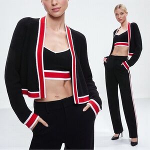 Alice and Olivia Juana Tipped Stripped Crop Cardigan With Tank In Black Size S